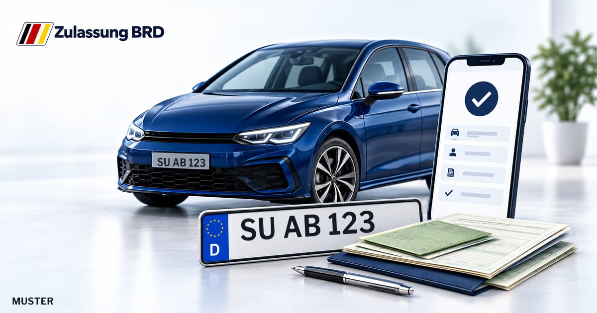 Online Fahrzeugzulassung in Troisdorf: Musterkennzeichen SU AB 123, Auto und Fahrzeugpapiere und Smartphone. Illustration mit Logo von Zulassung BRD.
